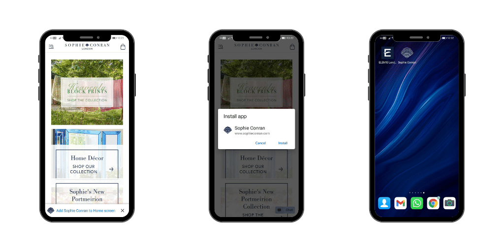 three images of mobile phones with the Sophie Conran store, showing how to install the PWA to your device