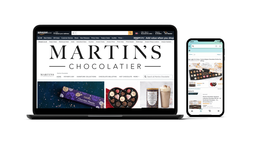 Laptop showing Martin's Chocolatier Amazon shop