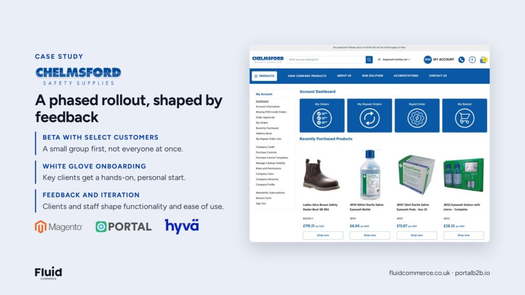 Chelmsford Safety Supplies case study: the Magento Open Source, Portal B2B and Hyvä trade portal account dashboard